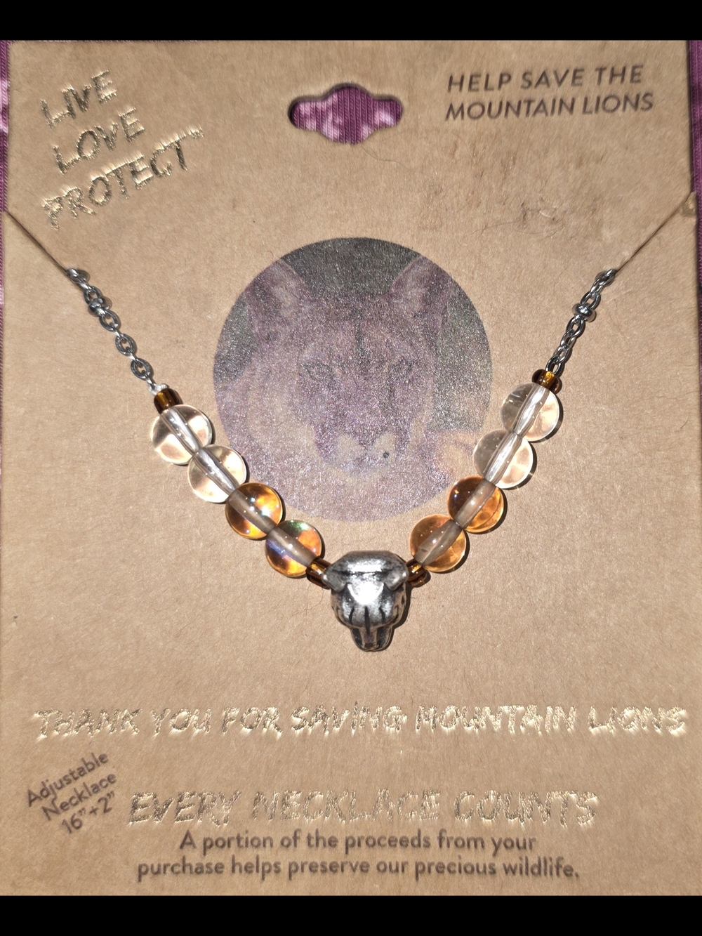 Mountain Lion Pendant Necklace with Amber Beads